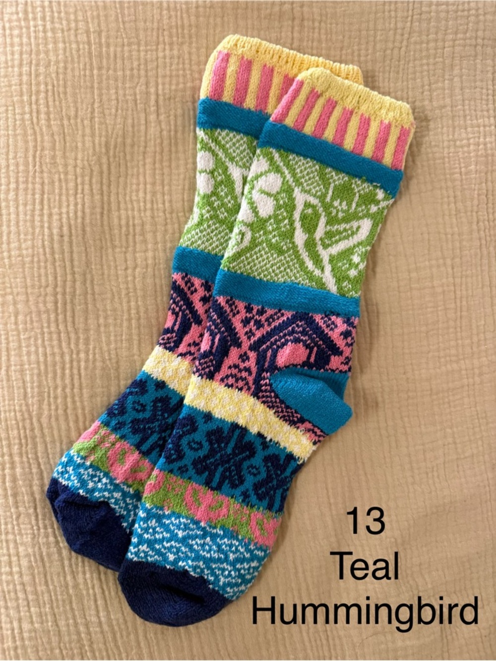 Solmate Teal Patterned Socks - Hummingbird